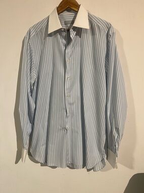 Stefano Ricci Light Blue Pinstripe Dress Shirt with White Contrast Collar